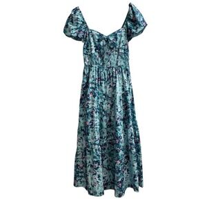 Bailey Blue Floral Print Puff Sleeve Midi Dress Smocked Bodice Coquette Milkmaid
